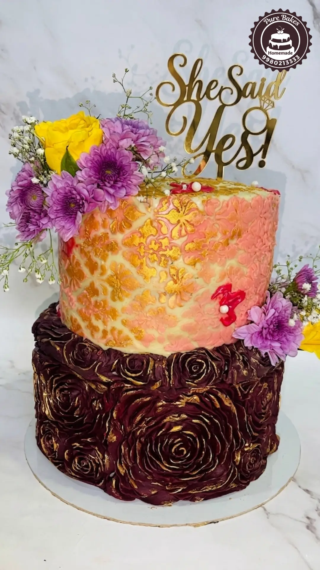Metallic Textured Floral Proposal Cake — Pure Bakes Hyderabad