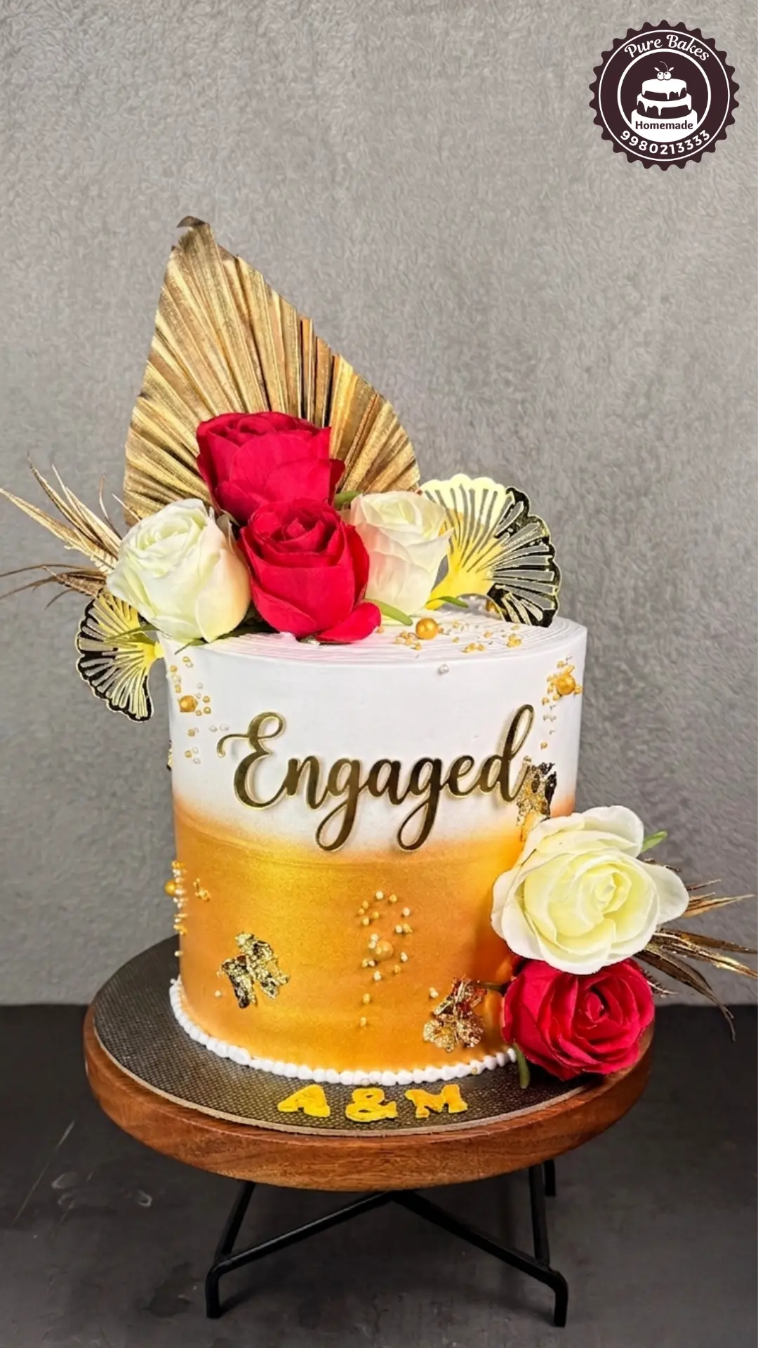 Gold Ombre Engaged Floral Cake — Pure Bakes Hyderabad
