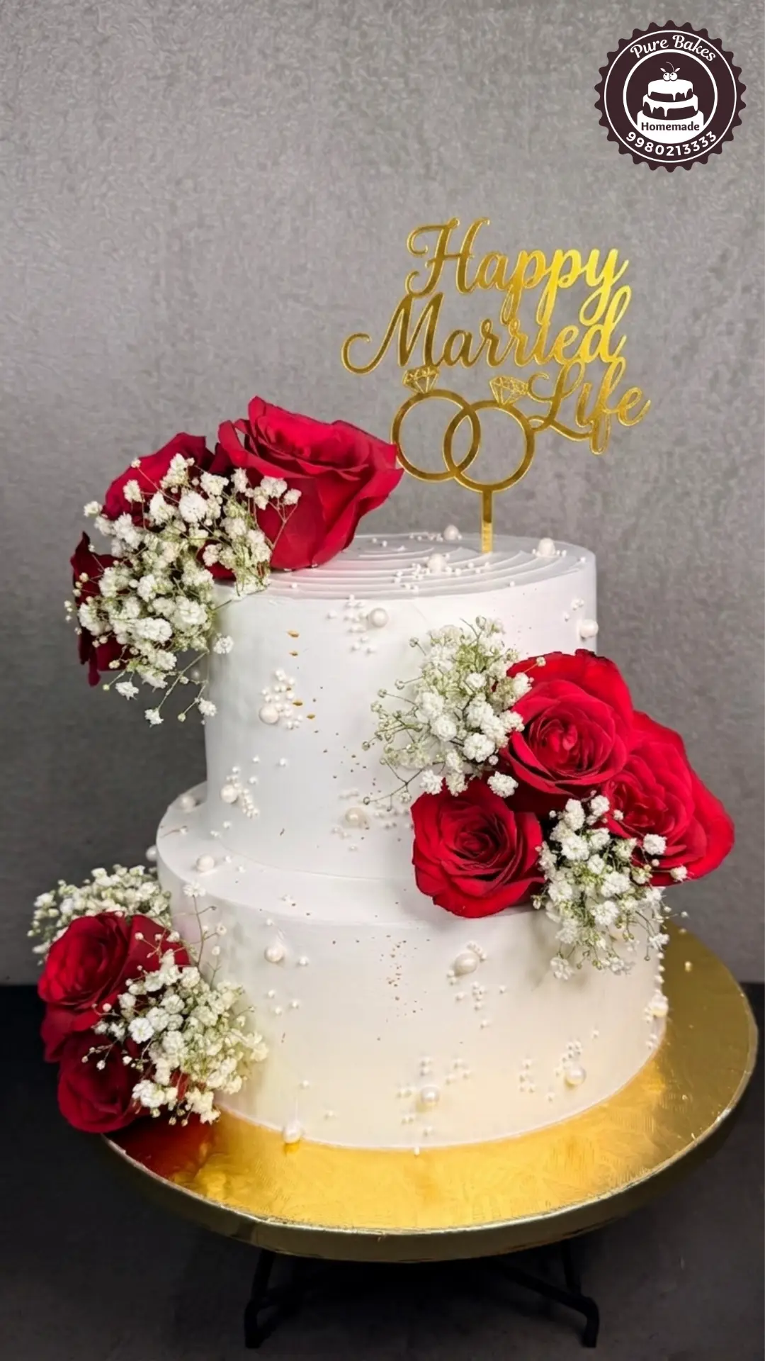 White Wedding Cake with Red Roses — Pure Bakes Hyderabad