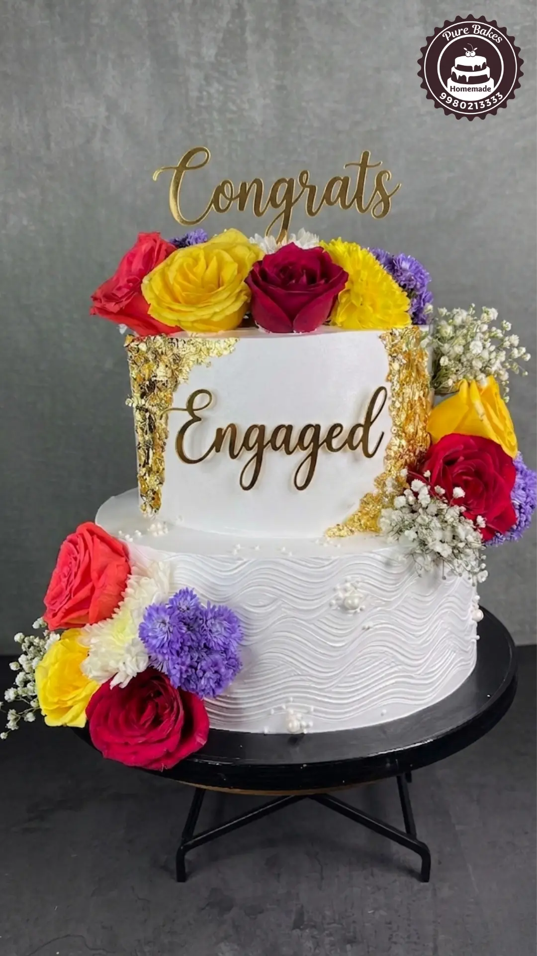 Colorful Engagement Cake with Gold Accents — Pure Bakes Hyderabad