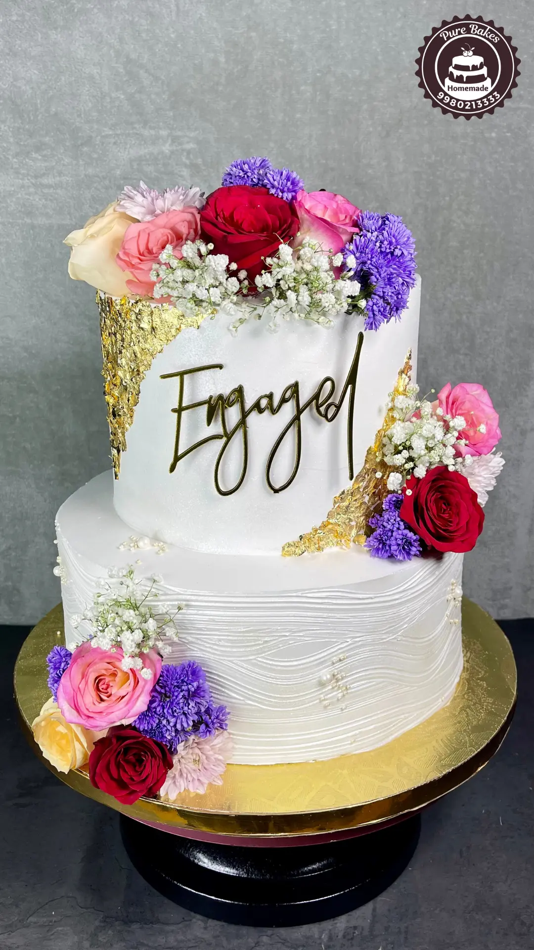 Gold Accent Celebration Engagement Cake — Pure Bakes Hyderabad