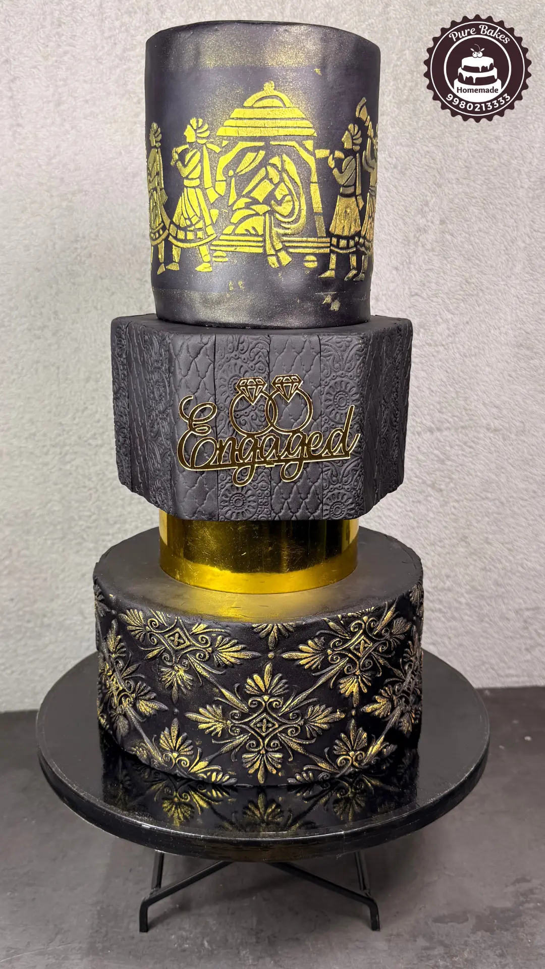 Royal Theme Black Gold Wedding Cake — Pure Bakes Hyderabad
