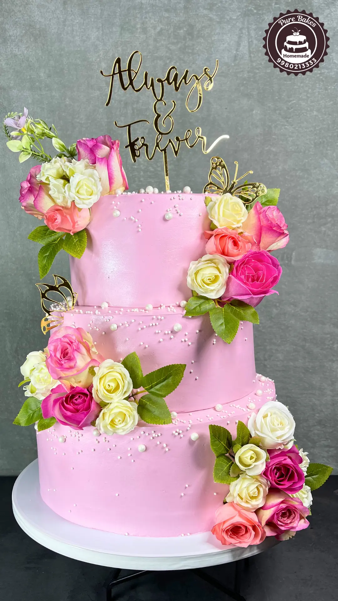 Three Tier Floral Wedding Cake Design — Pure Bakes Hyderabad