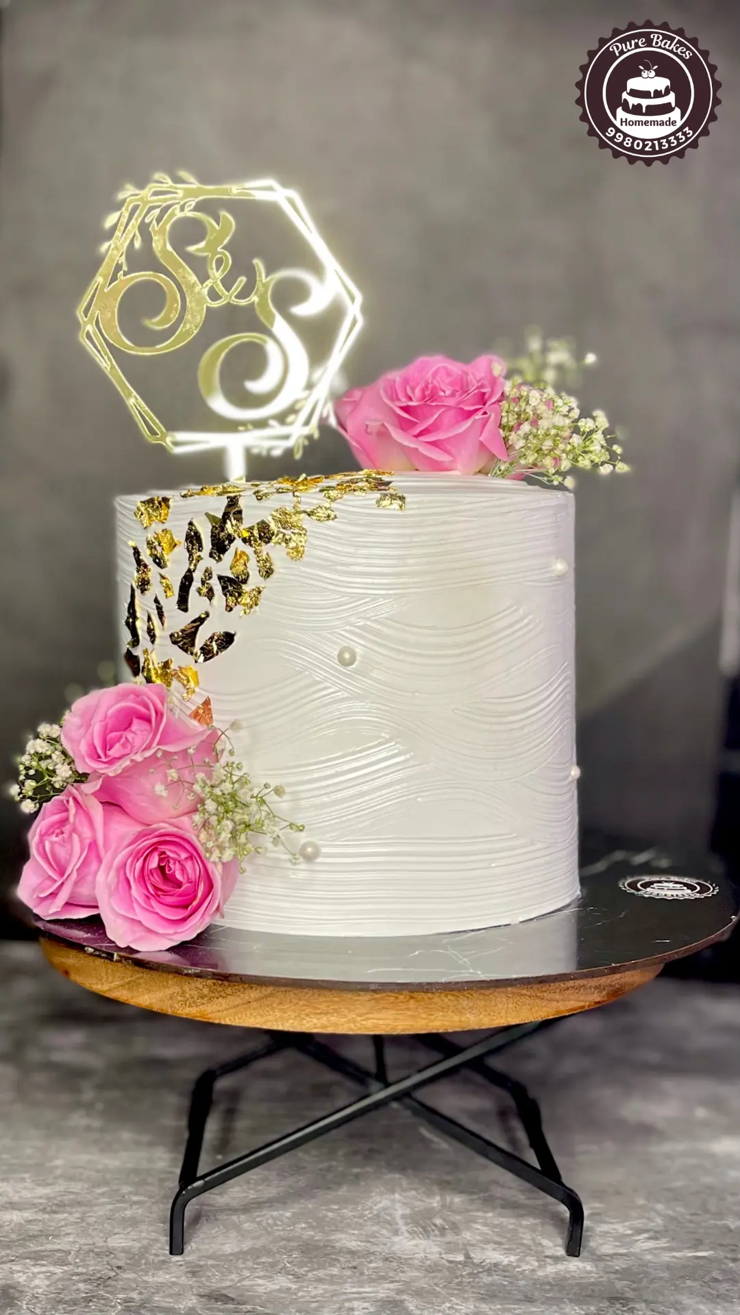 Custom Initials Gold Leaf Wedding Cake — Pure Bakes Hyderabad