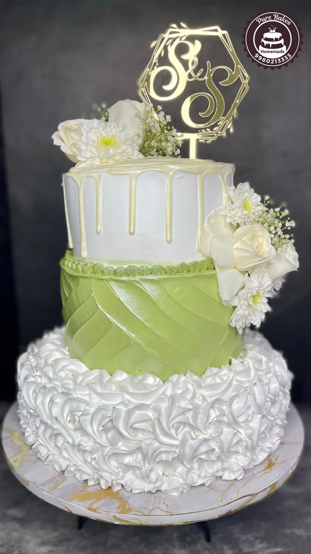 Green and White Drip Wedding Cake — Pure Bakes Hyderabad