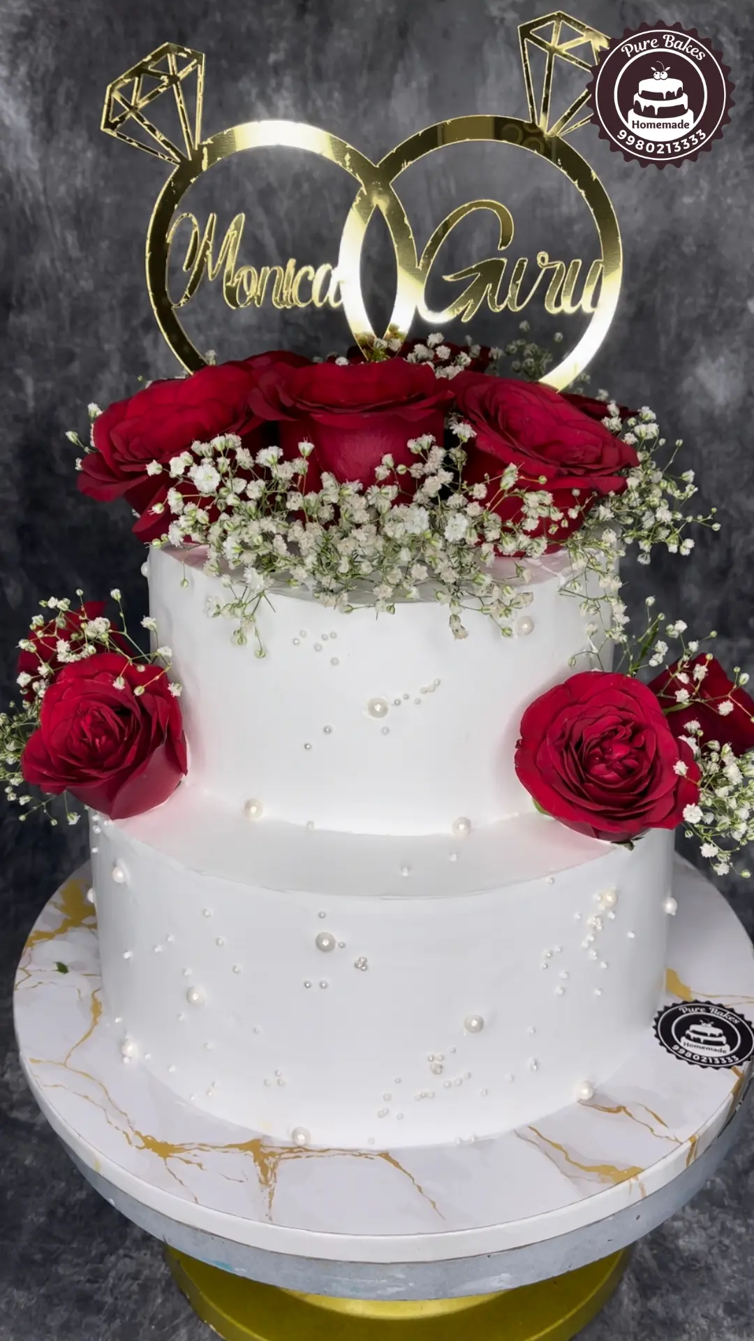 Customized Name Engagement Cake with Gold Rings — Pure Bakes Hyderabad