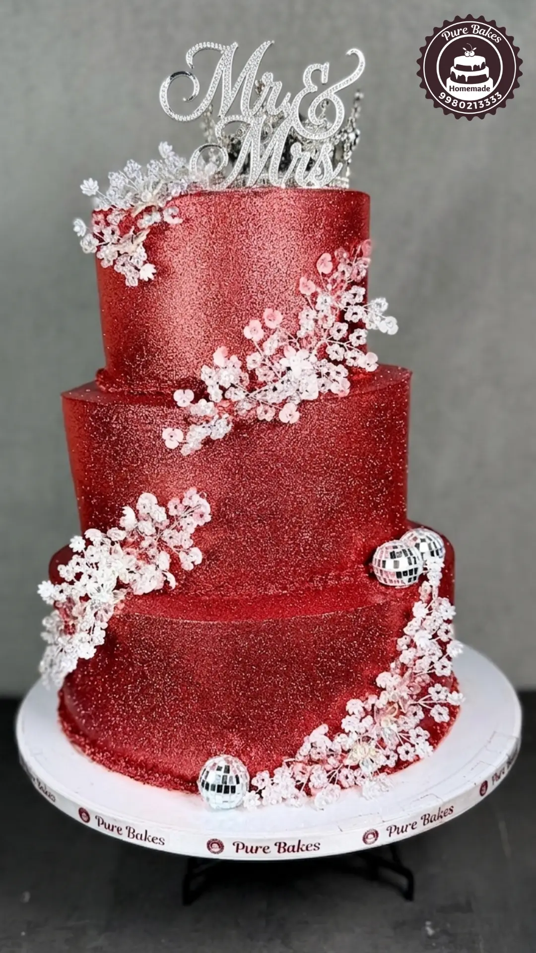 Sparkling Red Three Tier Wedding Cake — Pure Bakes Hyderabad