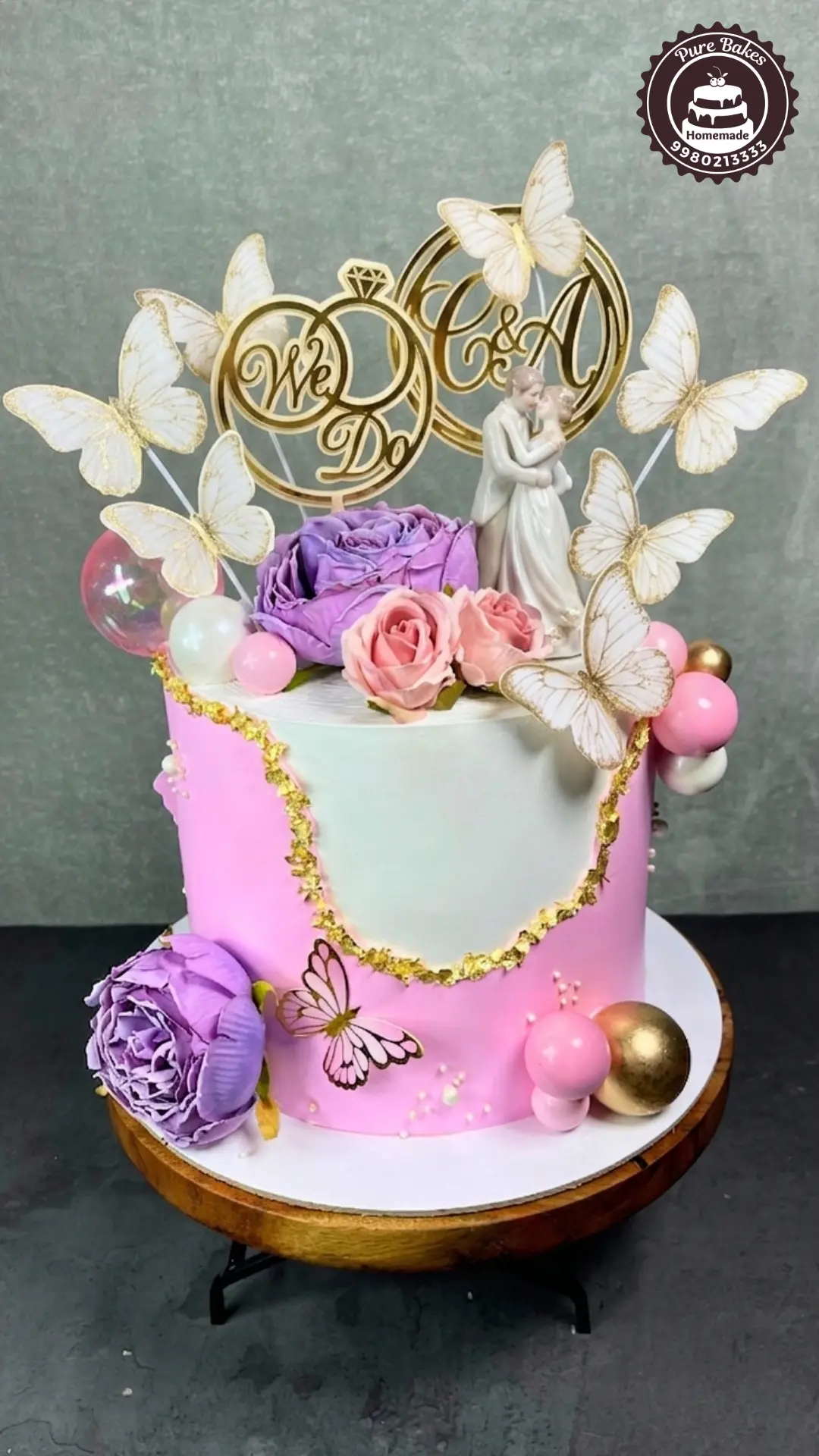 Luxury Engagement Cake with Butterflies — Pure Bakes Hyderabad