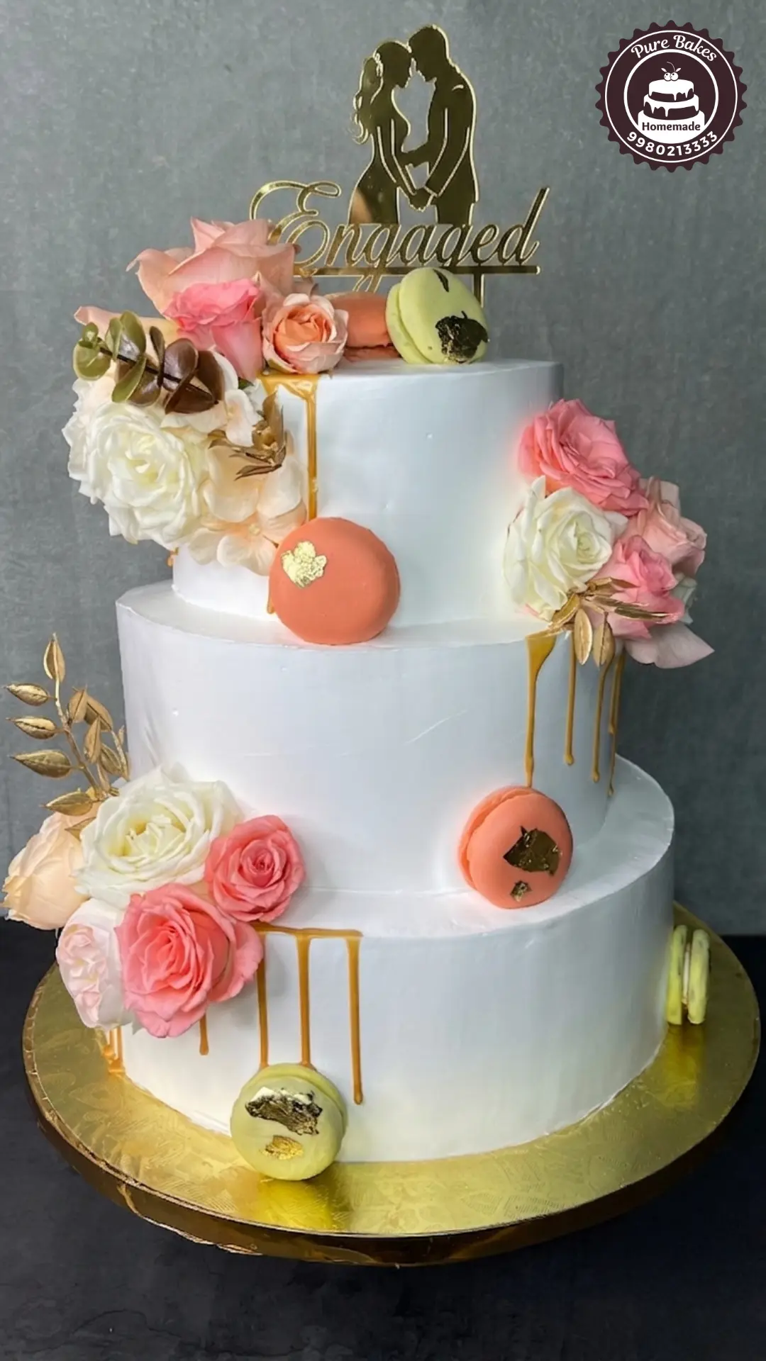 Three Tier Engagement Cake with Gold Drip — Pure Bakes Hyderabad