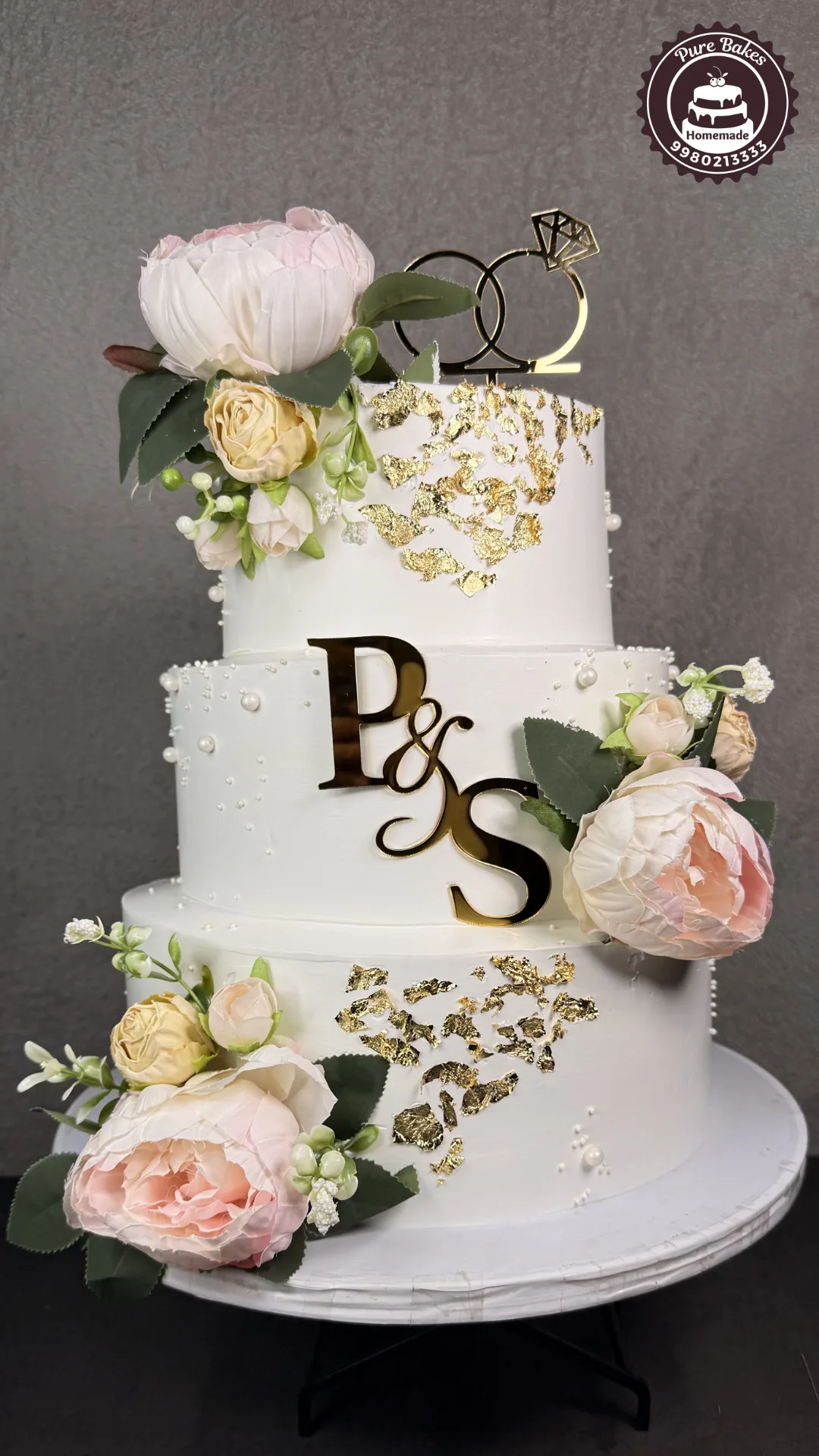 Three Tier Floral Wedding Cake with Monogram — Pure Bakes Hyderabad